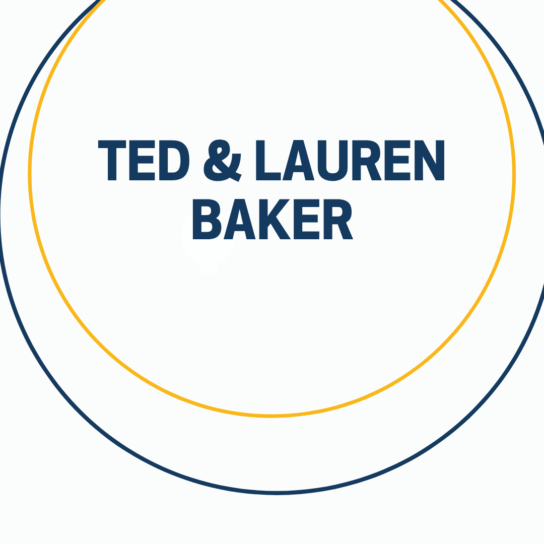 The text Ted and Lauren Baker surrounded by a gold circle and a blue circle