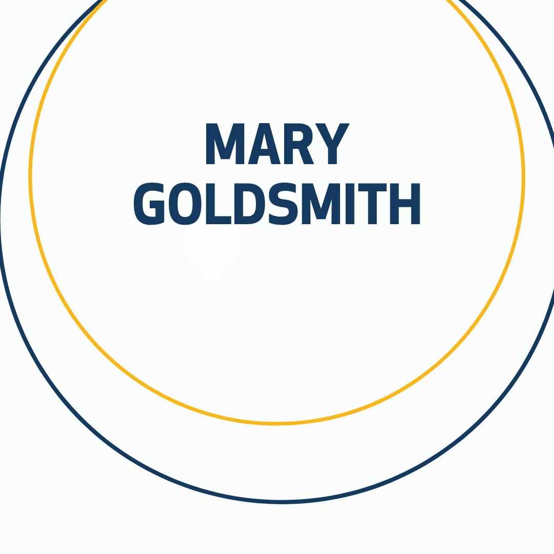 Text Mary Goldsmith surrounded by a gold circle and blue circle